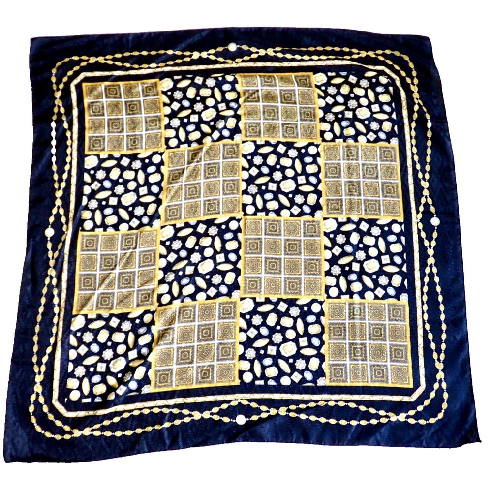 Silky Black Gold EU Geo Print Square Scarf Made in Italy Large Wrap 46" x 46"